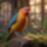 A vibrant collection of different pet bird species in a colorful habitat