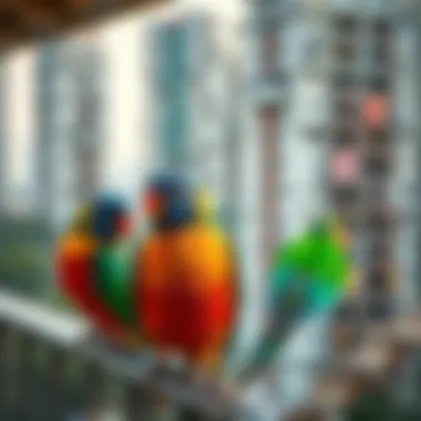 Colorful love birds perched on a balcony