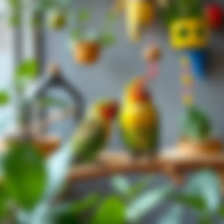 A vibrant indoor environment with plants and toys for love birds