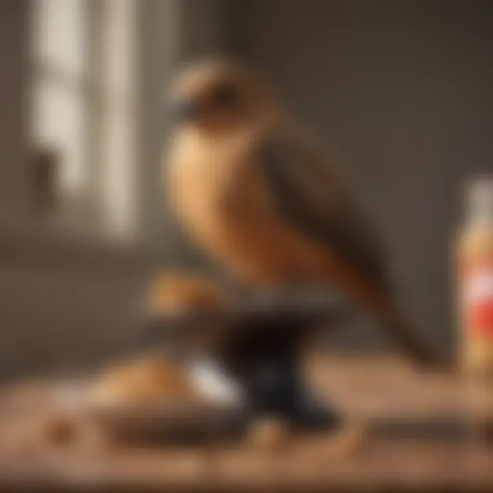 Pet bird perched with a small dish of peanut butter beside it