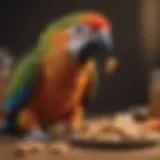 Colorful parrot enjoying a small piece of peanut butter on a cracker