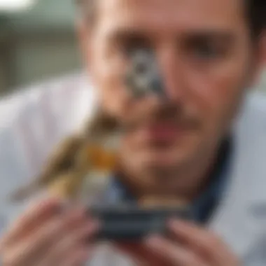 A veterinarian examining a small bird, emphasizing health care.