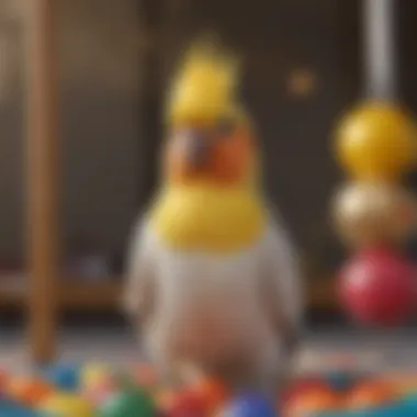 A vibrant cockatiel perched on a colorful play gym, showcasing its playful nature.