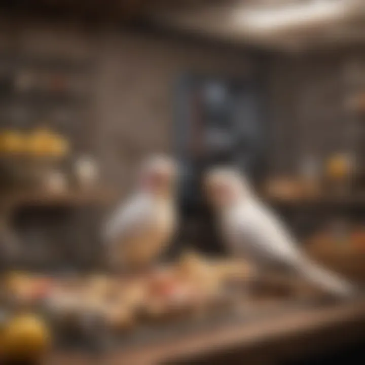 A well-organized cockatiel cage with toys, perches, and food dishes