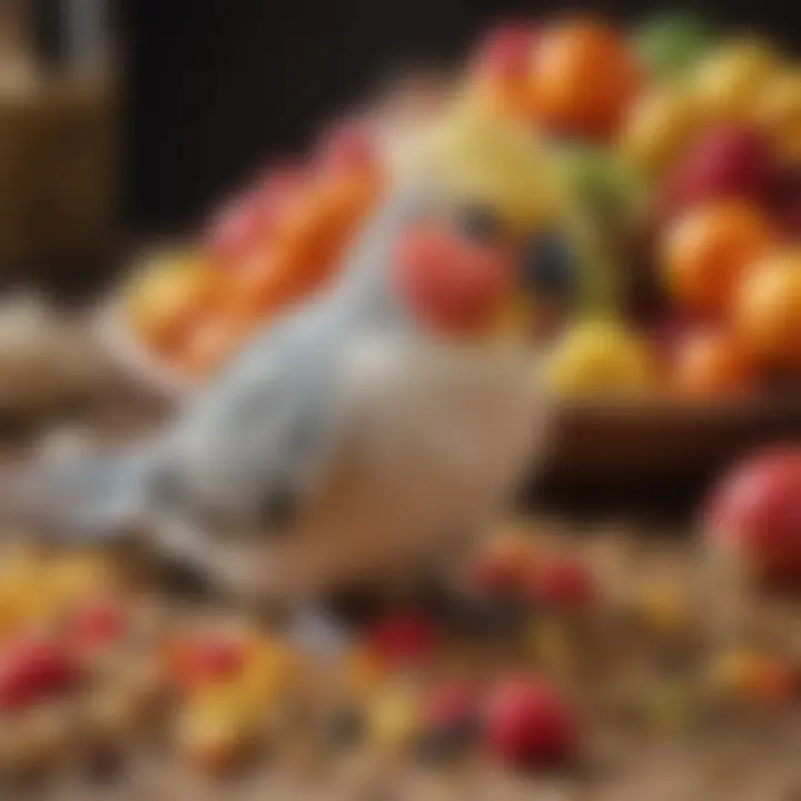 A close-up of a cockatiel enjoying a colorful variety of fruits and seeds