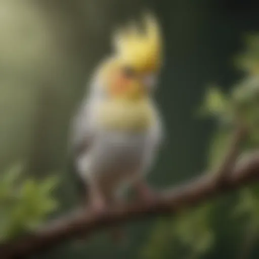 A vibrant cockatiel perched on a branch, showcasing its stunning plumage