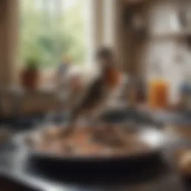 Illustration of a bird in a kitchen environment