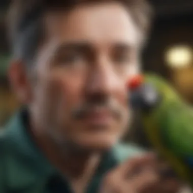 Close-up of a bird caretaker interacting with a parrot