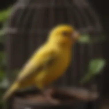 A detailed close-up of a canary in a well-decorated birdcage.