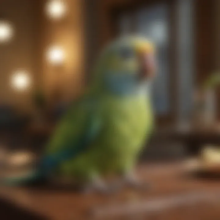 A serene scene featuring a parakeet in a cozy indoor setup with natural lighting.