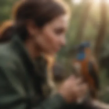 A bird interacting with its owner outside in a secure area.