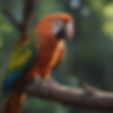 A vibrant parrot perched on a tree branch, exploring its surroundings.