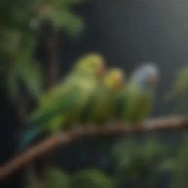 Artistic portrayal of parakeets in a natural setting, emphasizing their environment