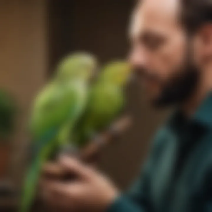 Emotional connection of a parakeet interacting with its owner in a serene setting