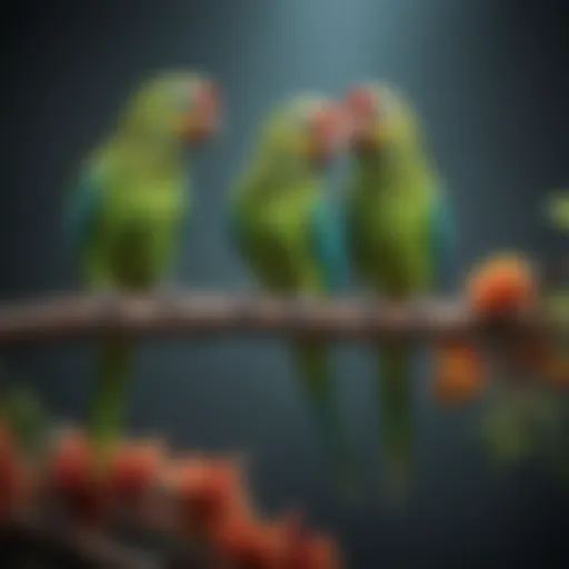 Vibrant parakeets perched on a branch showcasing their vivid feathers