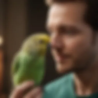 Colorful budgerigar interacting with its owner