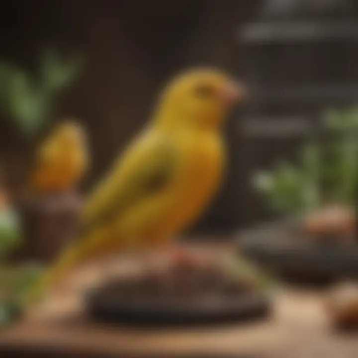 A serene setting with a canary singing in a quaint cage, highlighting its joyful nature.