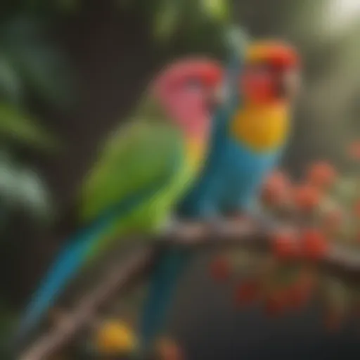 A vibrant parakeet perched on a branch, showcasing its colorful feathers.