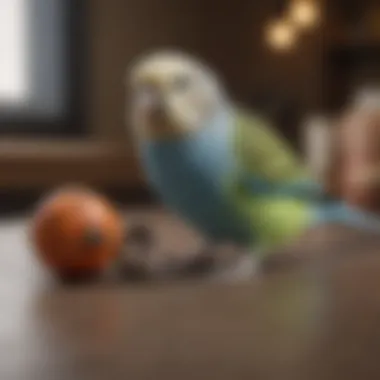 A budgerigar playing with toys, illustrating the playful behavior of small birds.