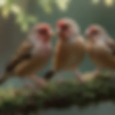 A peaceful environment with multiple finches exploring their aviary, emphasizing social interaction.