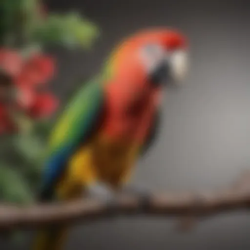 A vibrant AQW parrot perched on a colorful branch, showcasing its stunning plumage.