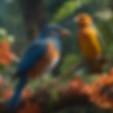 Diversity in Avian Vocalization A diverse array of birds perched among vibrant foliage, each showcasing unique plumage.