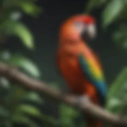 A vibrant parrot perched on a branch surrounded by lush greenery
