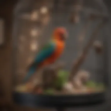 An organized bird cage interior featuring natural perches and toys for mental stimulation