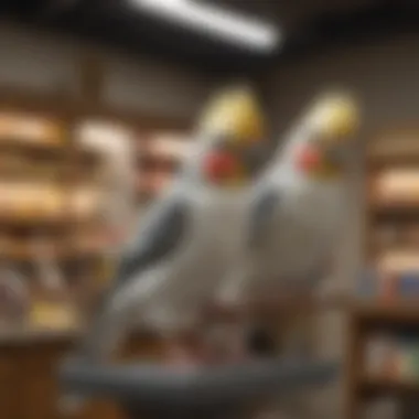 Different designs of cockatiel play stands in a pet store