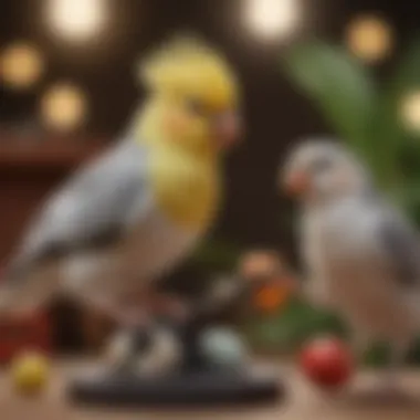 A cockatiel engaging with toys on a play stand