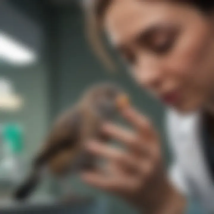 Veterinarian examining a small bird in a clinical setting