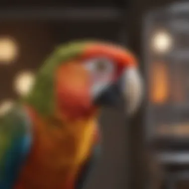 A vibrant parrot happily exploring its corner cage