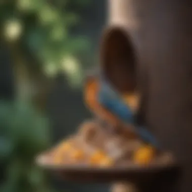Bird Delight in Unique Feeder Design A happy bird enjoying food from a creatively designed feeder
