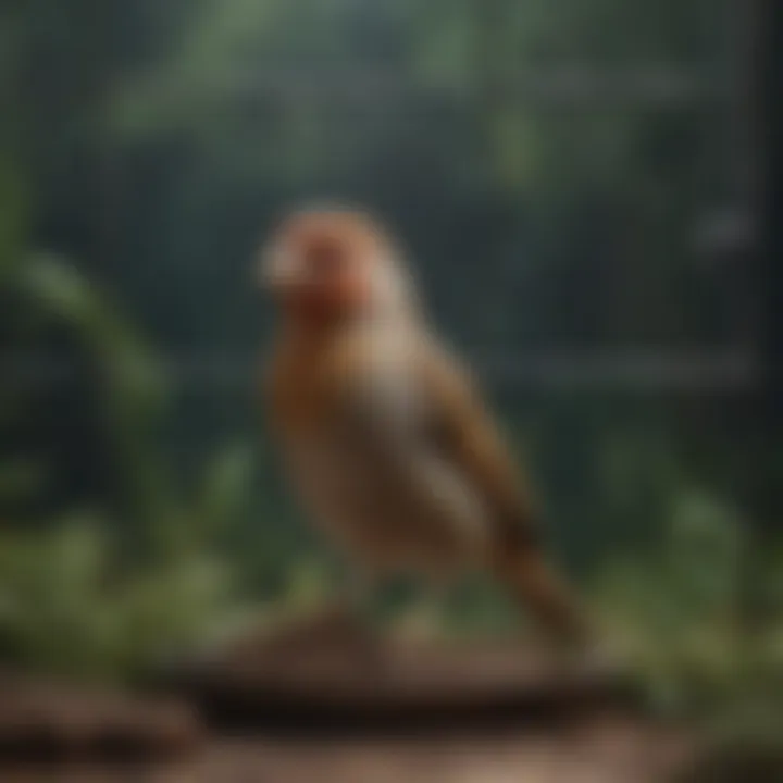 A serene finch in a cozy cage, surrounded by natural elements.