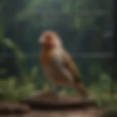 Finch Exemplifying Tranquil Living A serene finch in a cozy cage, surrounded by natural elements.
