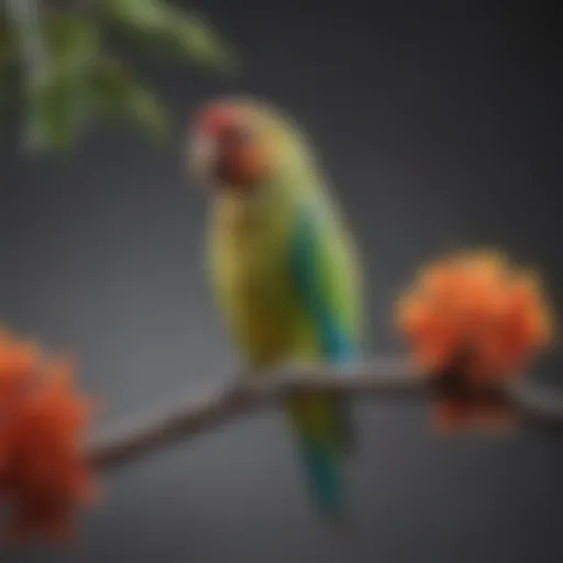 A vibrant parakeet perched on a branch, showcasing its colorful plumage.