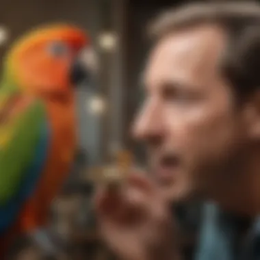 A colorful parrot interacting with its owner, illustrating bond and communication