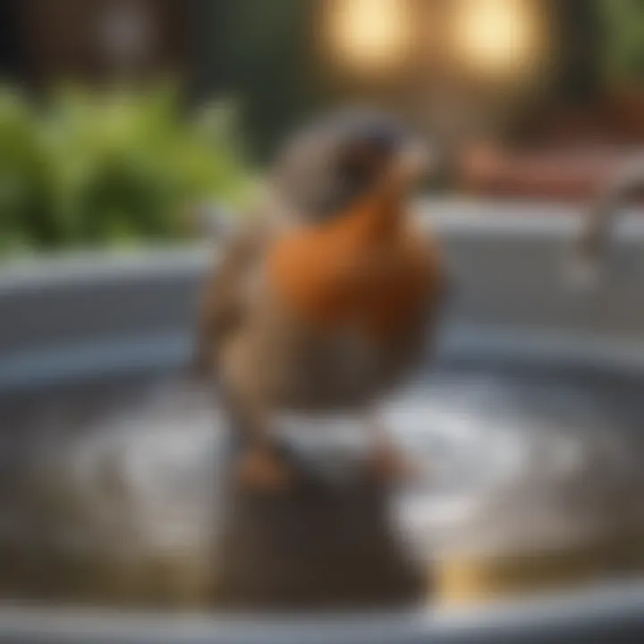 Close-up of a bird enjoying a splash in a beautifully designed bird bath sink.