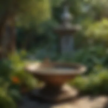 Serene Garden with Bird Bath Sink A serene garden with a decorative bird bath sink attracting various bird species.