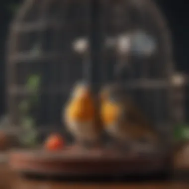 Interactive bird toys hanging in a cage