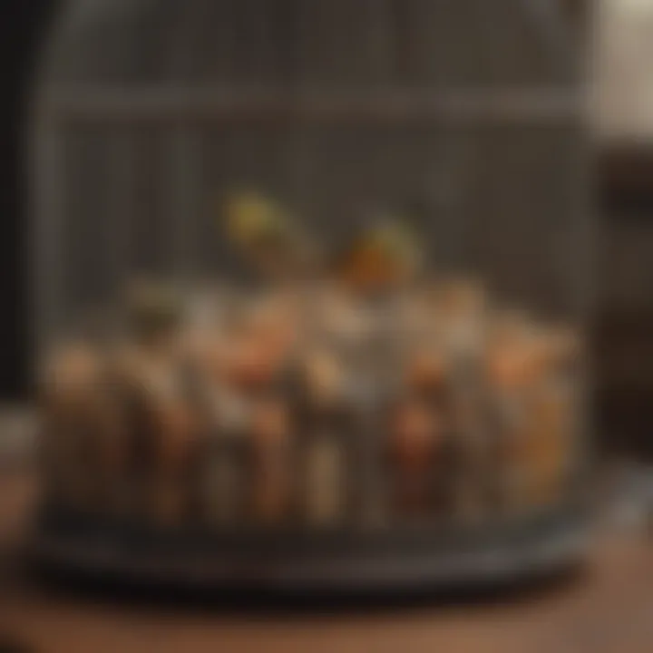 A well-organized bird cage featuring strategically placed feeder cups.