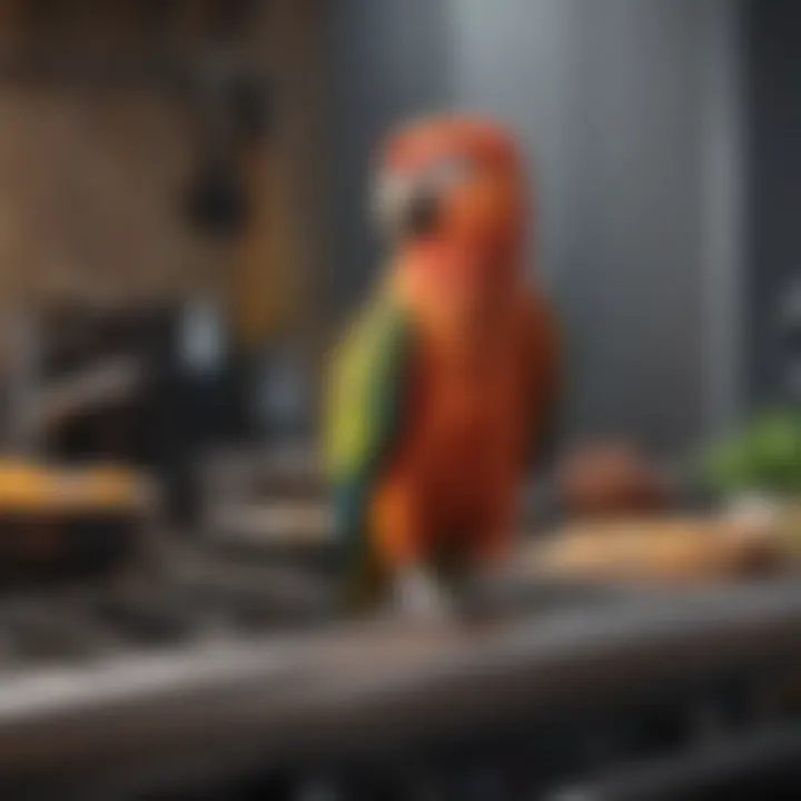 A vibrant parrot perched near a stove, emphasizing a safe cooking environment