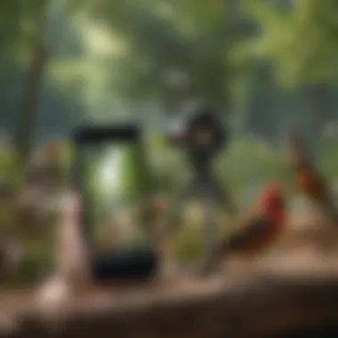 Community Sharing Knowledge on Bird Sounds A group of birdwatchers in a park, sharing their app experiences.