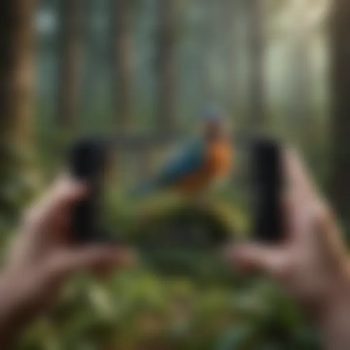 An individual using a smartphone in a lush forest, identifying bird sounds.