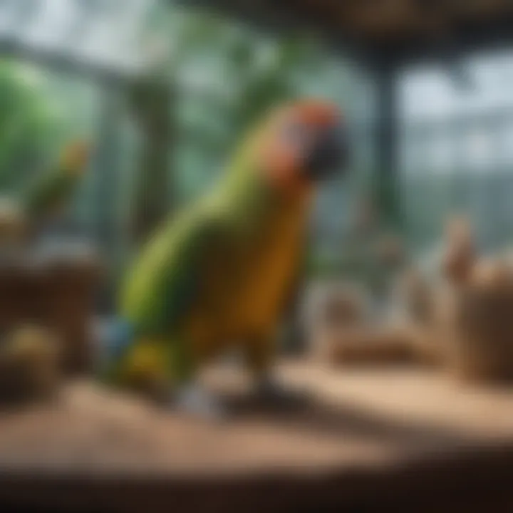 A well-organized aviary showcasing a variety of enrichment activities for Amazon parrots.