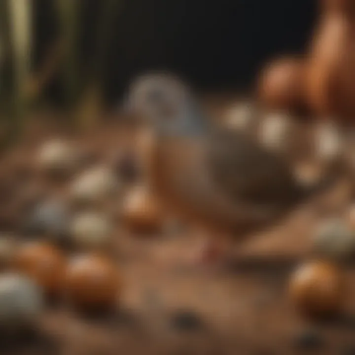 Healthy adult button quails in a vibrant environment