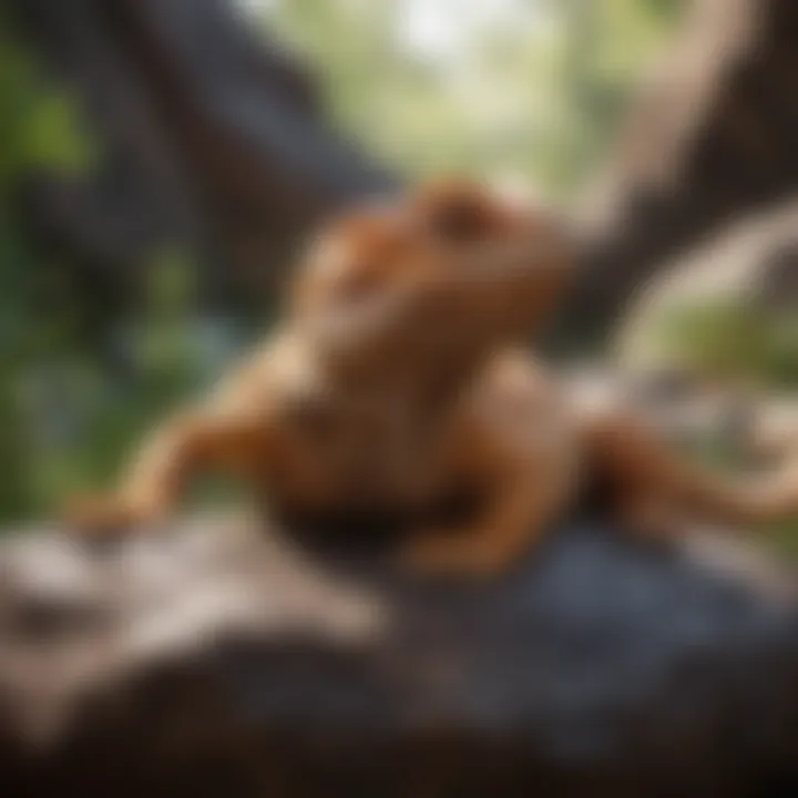 A bearded dragon lounging on a decorative rock