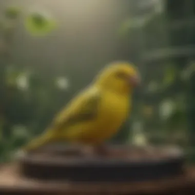 A healthy green canary in a well-kept cage