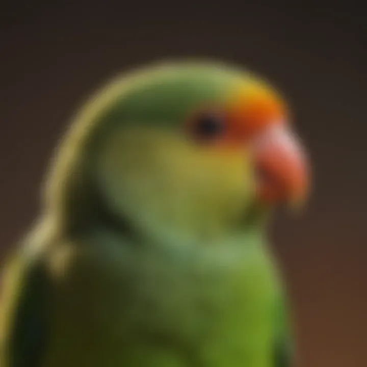 Close-up of a green lovebird displaying unique features