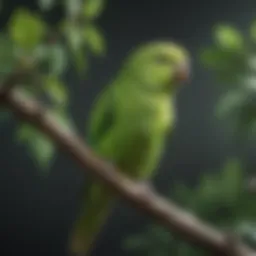A vibrant green parakeet perched on a branch